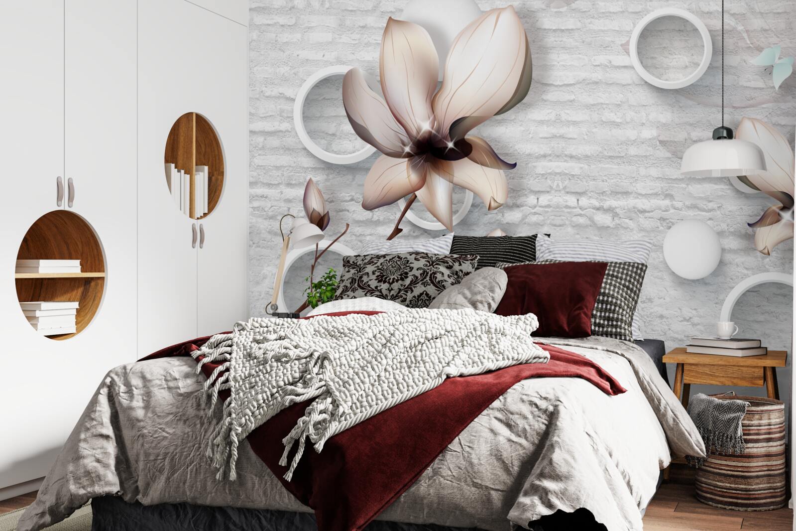 Фотошпалери різнокольорові бутони на незвичайному цегляному тлі