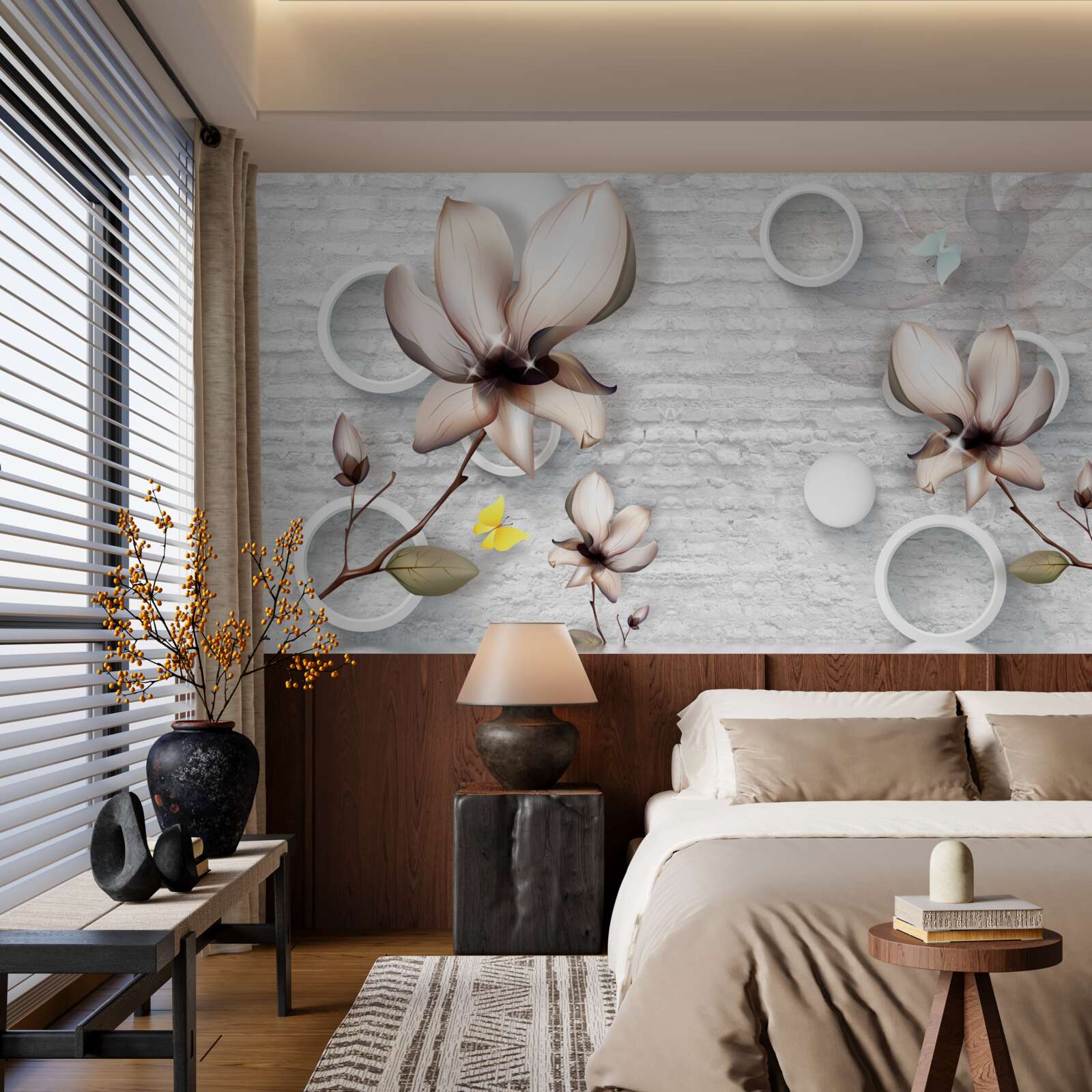 Фотошпалери різнокольорові бутони на незвичайному цегляному тлі