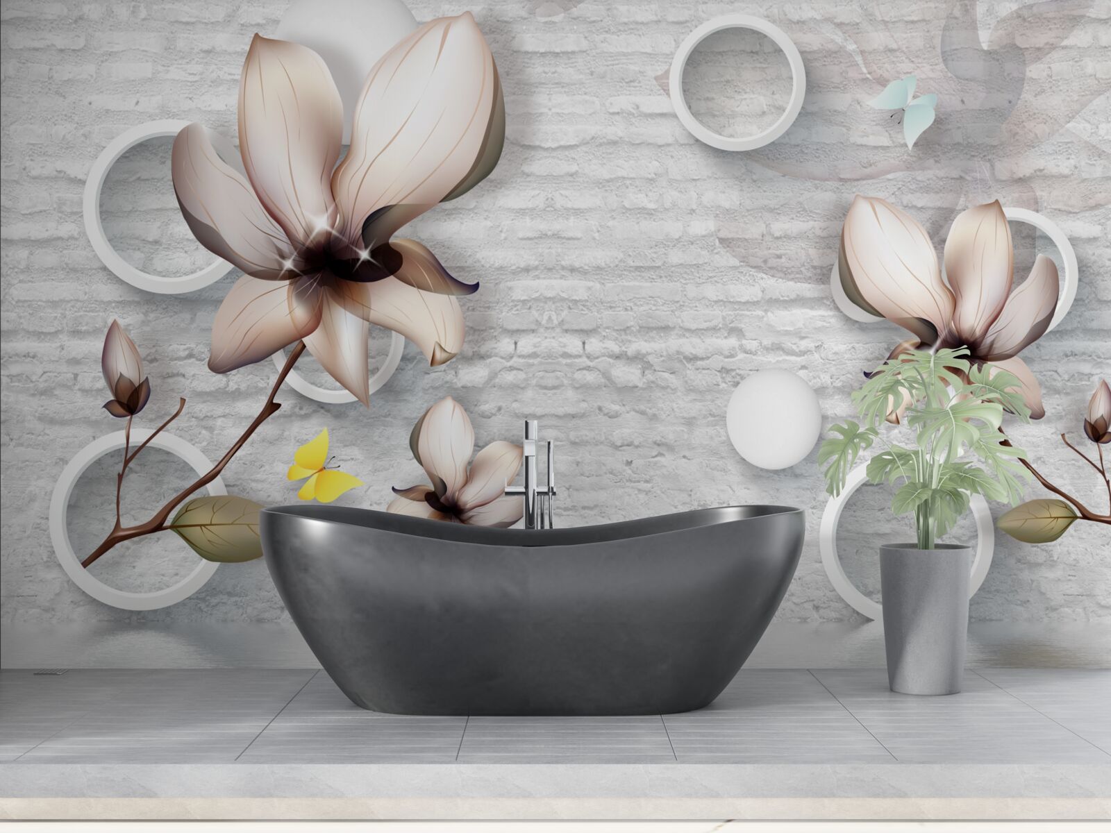 Фотошпалери різнокольорові бутони на незвичайному цегляному тлі