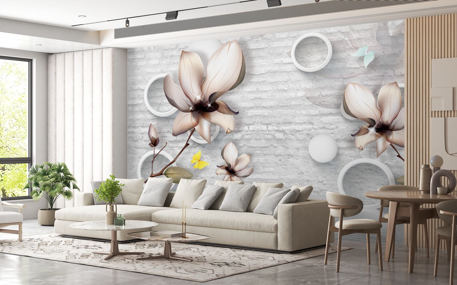 Фотошпалери різнокольорові бутони на незвичайному цегляному тлі