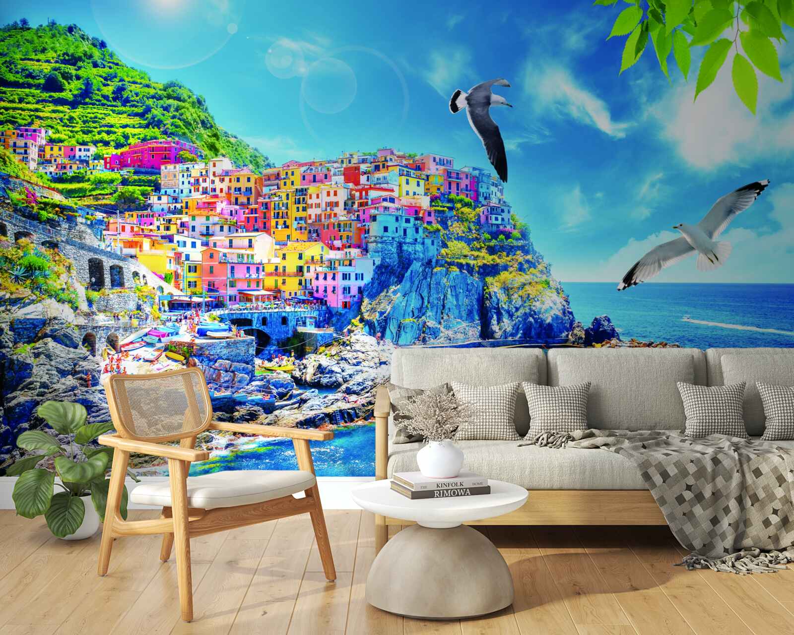 Фотошпалери маленьке містечко біля моря, на красивих скелях, залите яскравим світлом