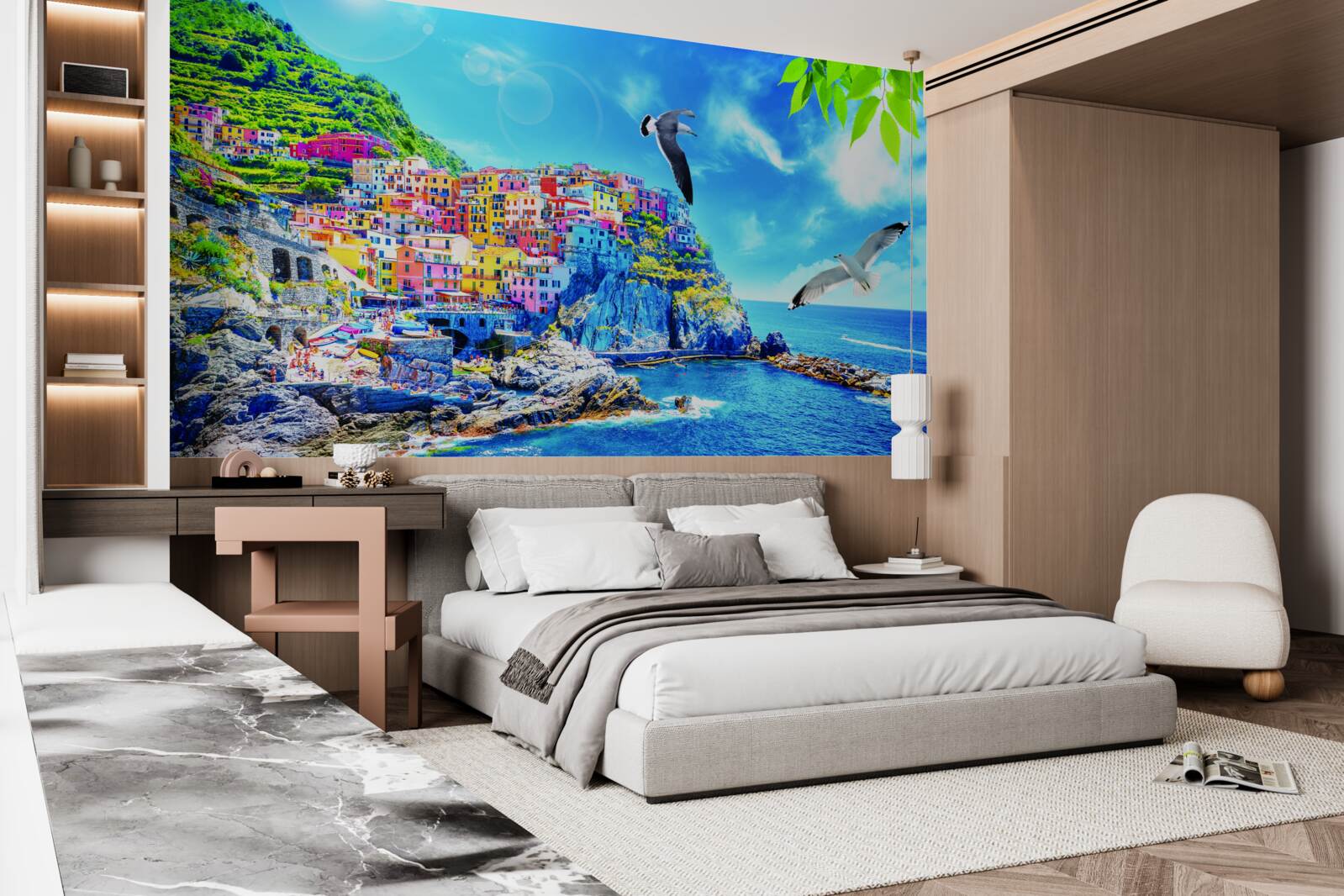 Фотошпалери маленьке містечко біля моря, на красивих скелях, залите яскравим світлом