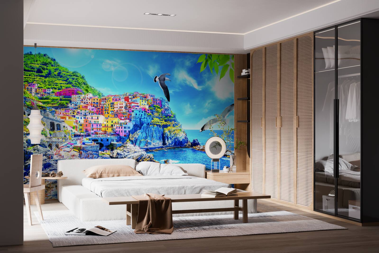 Фотошпалери маленьке містечко біля моря, на красивих скелях, залите яскравим світлом