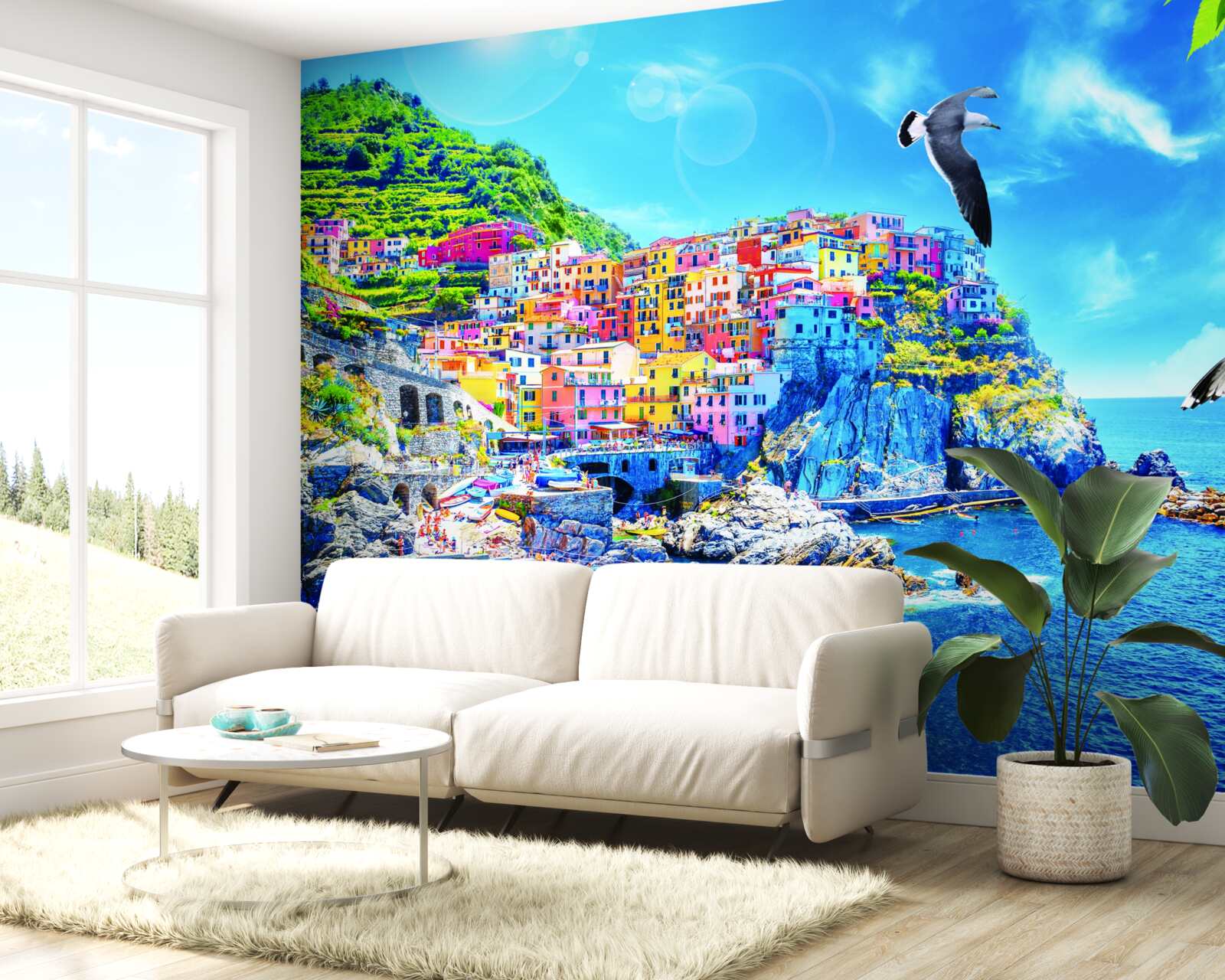 Фотошпалери маленьке містечко біля моря, на красивих скелях, залите яскравим світлом