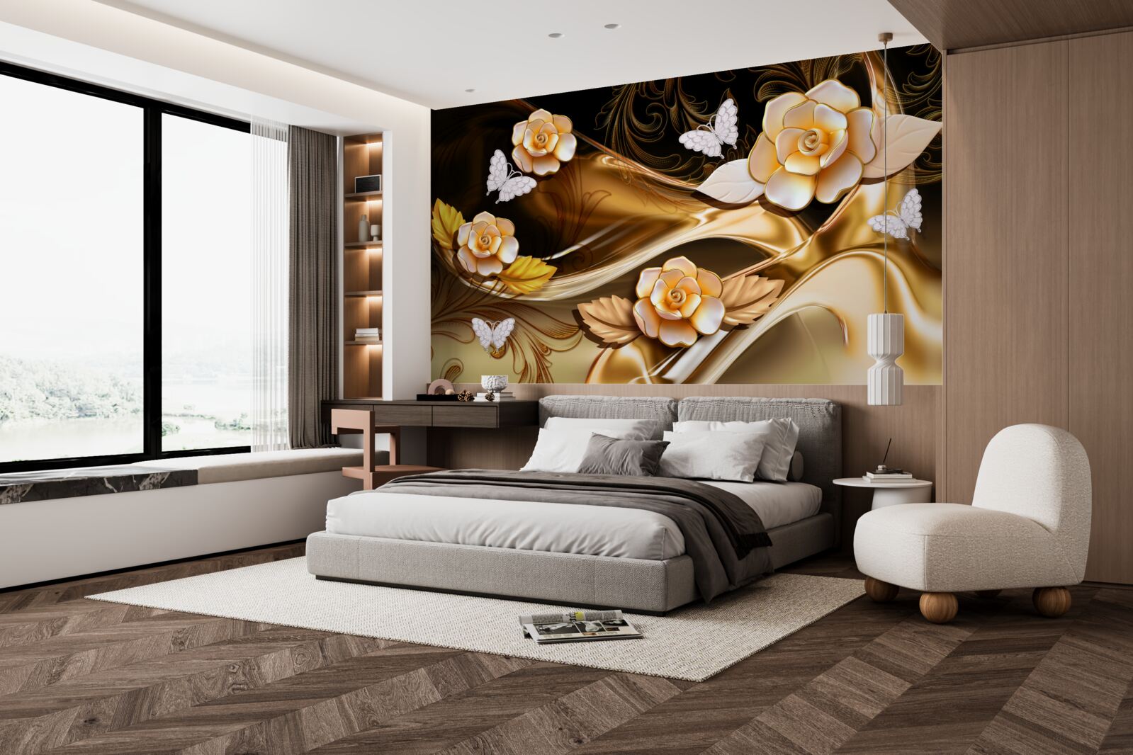 Фотошпалери магнолії з кремовими квітами на ніжних гілках