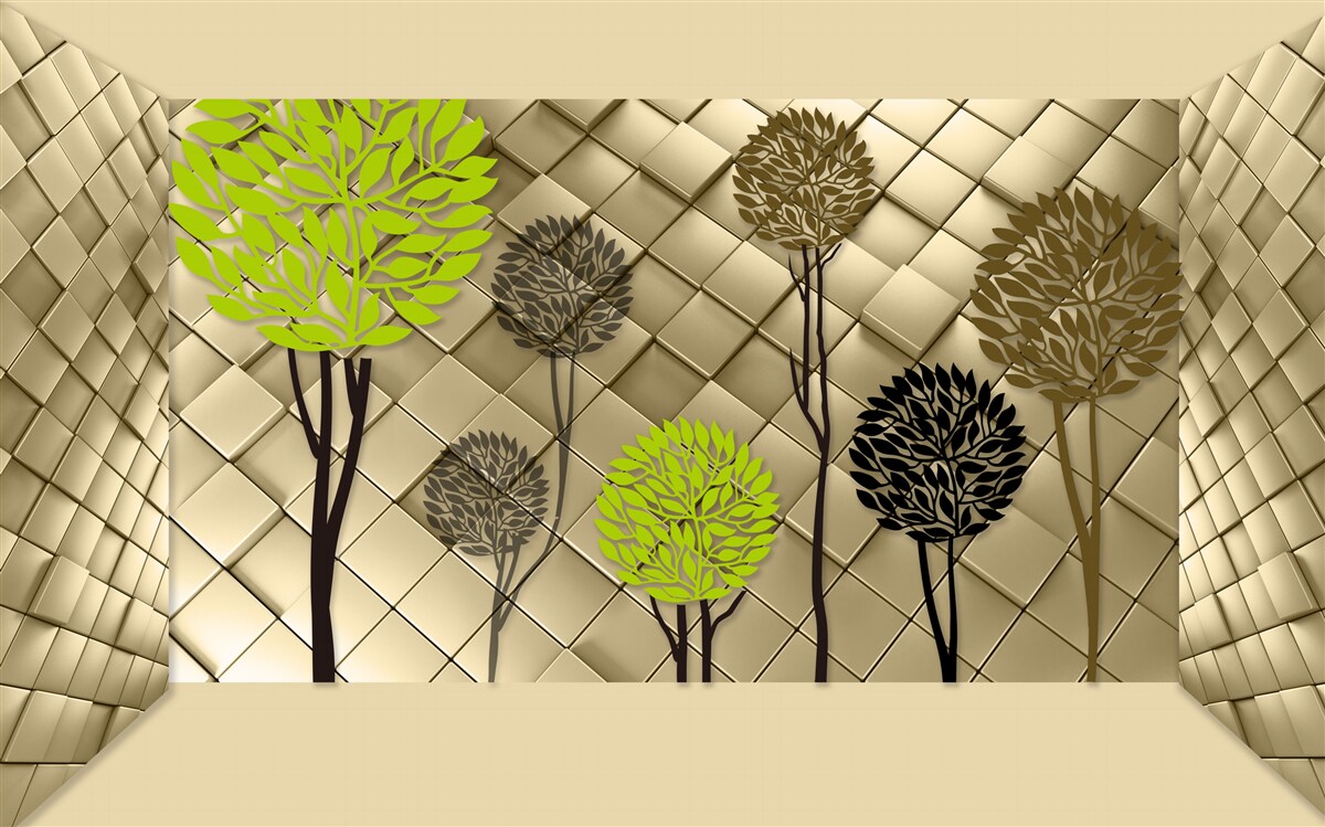 Фотошпалери абстракції у відтінках зеленого та коричневого розміщені на золотій основі