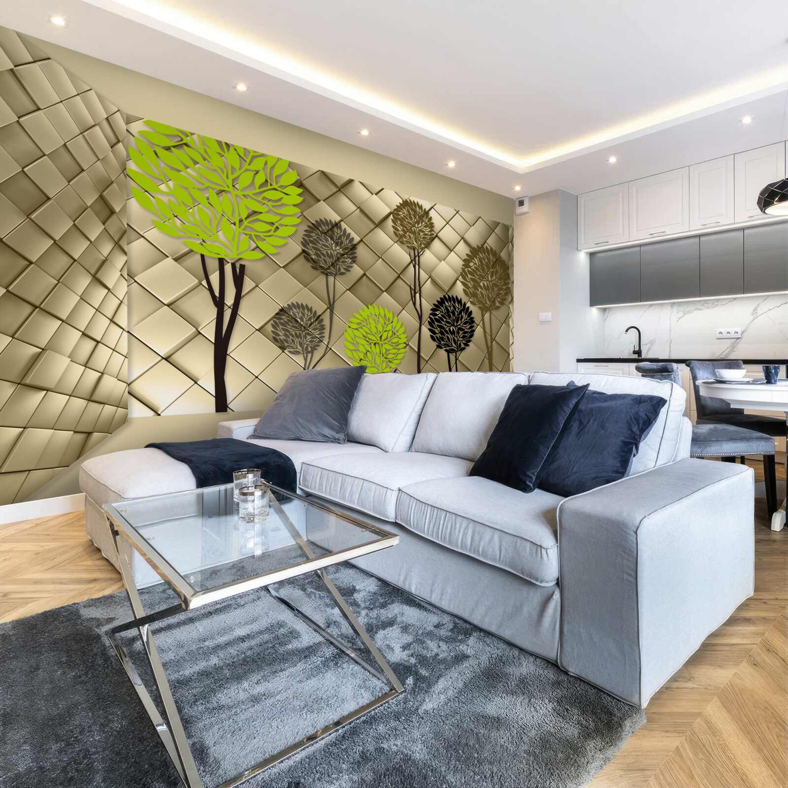 Фотошпалери абстракції у відтінках зеленого та коричневого розміщені на золотій основі