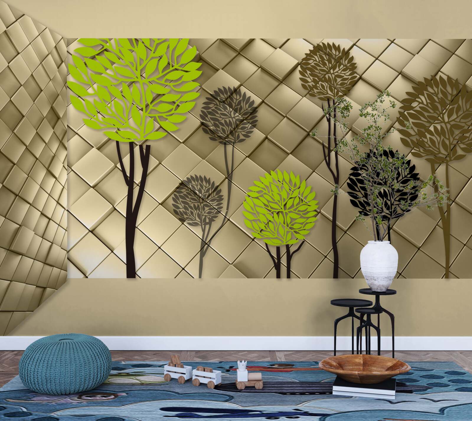 Фотошпалери абстракції у відтінках зеленого та коричневого розміщені на золотій основі