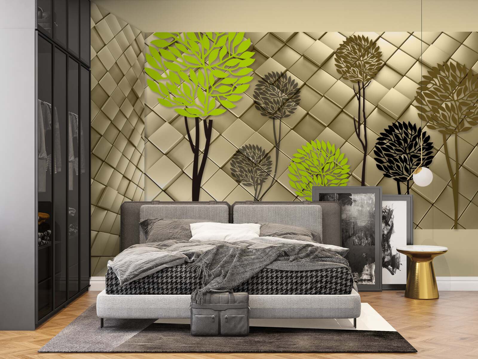 Фотошпалери абстракції у відтінках зеленого та коричневого розміщені на золотій основі