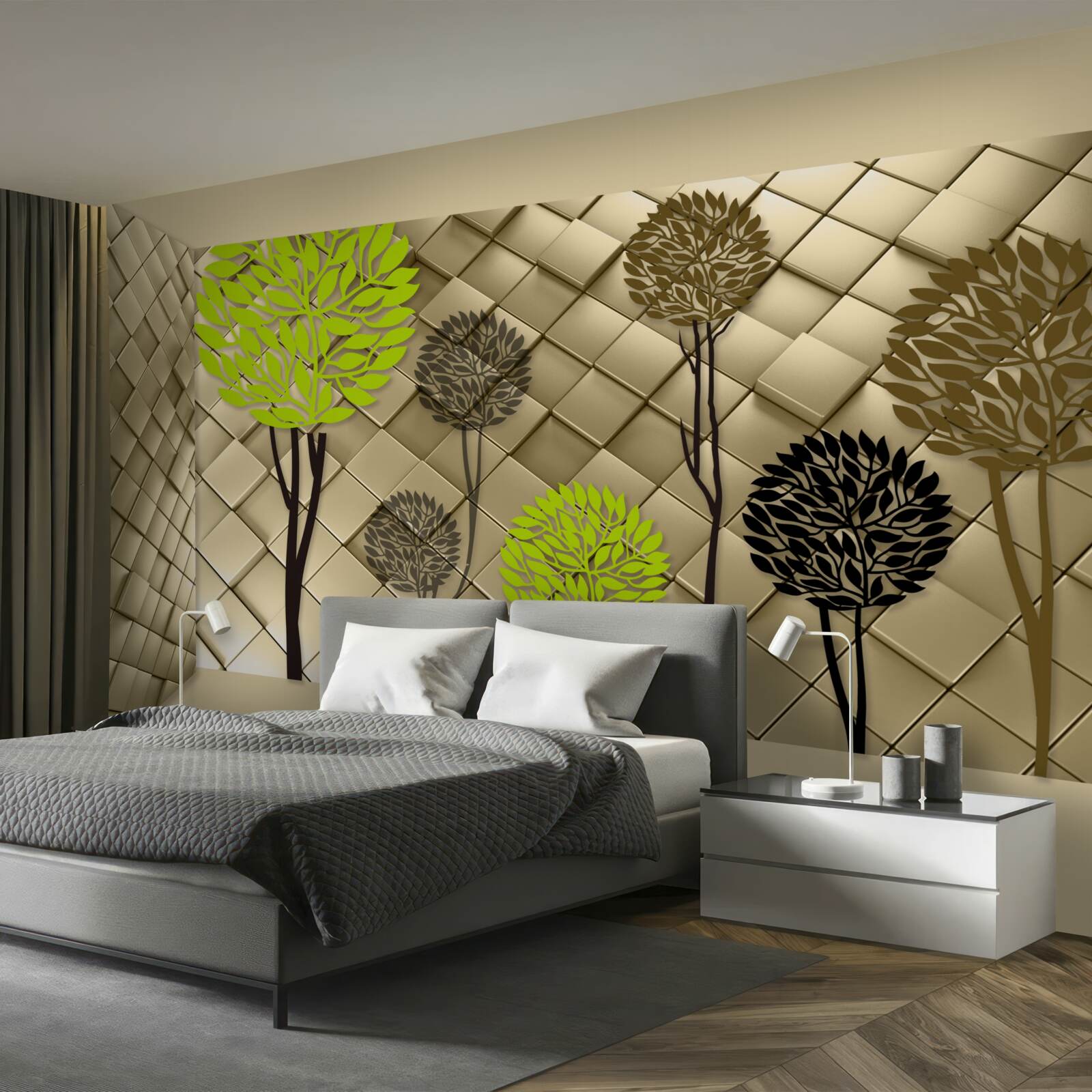 Фотошпалери абстракції у відтінках зеленого та коричневого розміщені на золотій основі