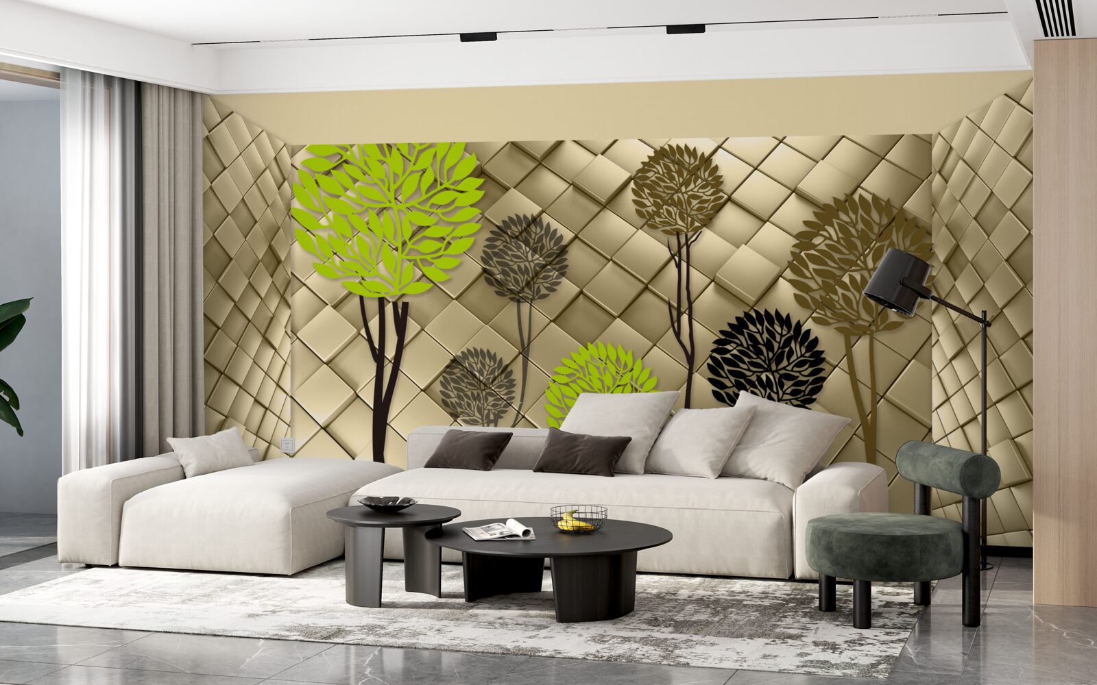 Фотошпалери абстракції у відтінках зеленого та коричневого розміщені на золотій основі