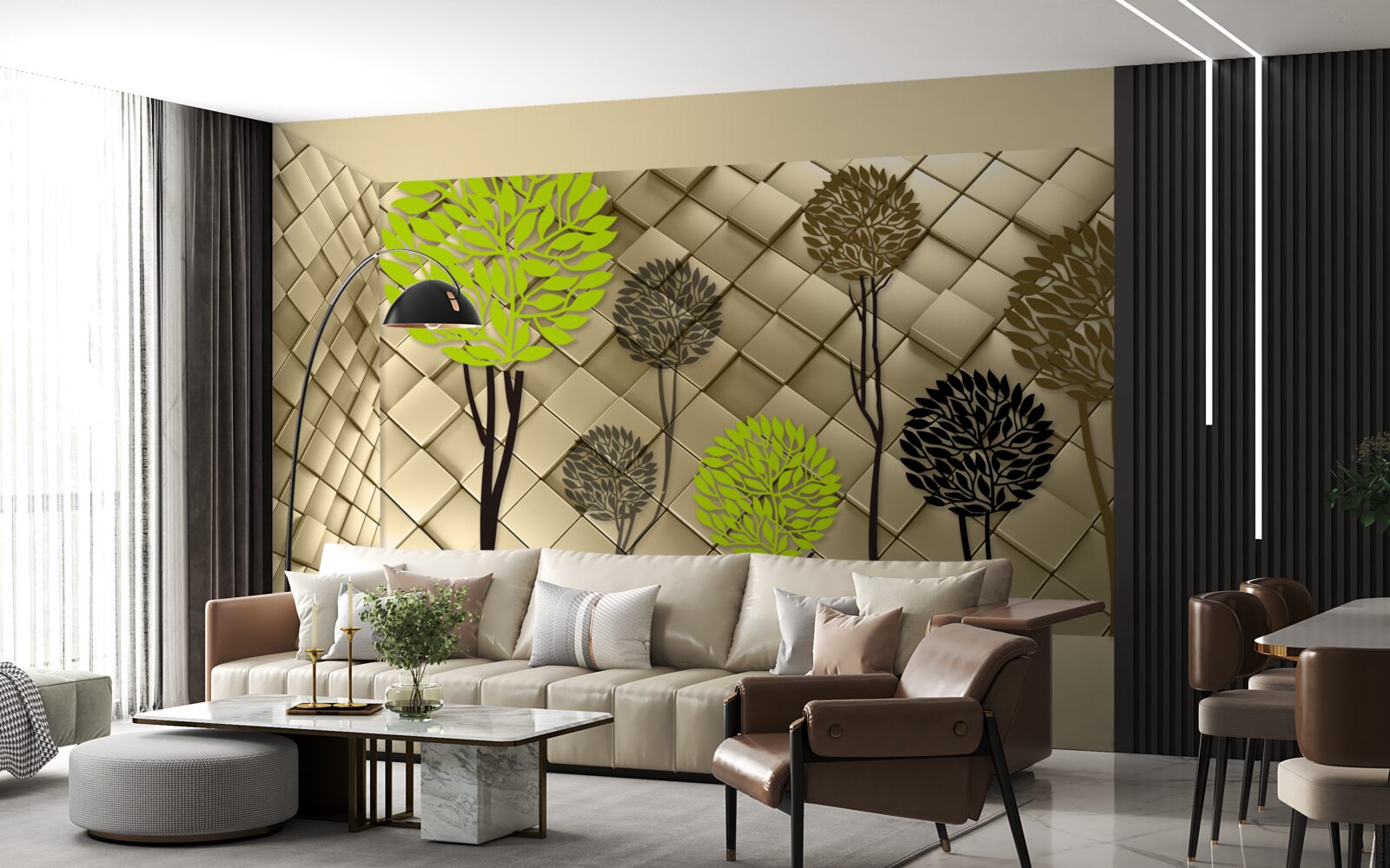 Фотошпалери абстракції у відтінках зеленого та коричневого розміщені на золотій основі