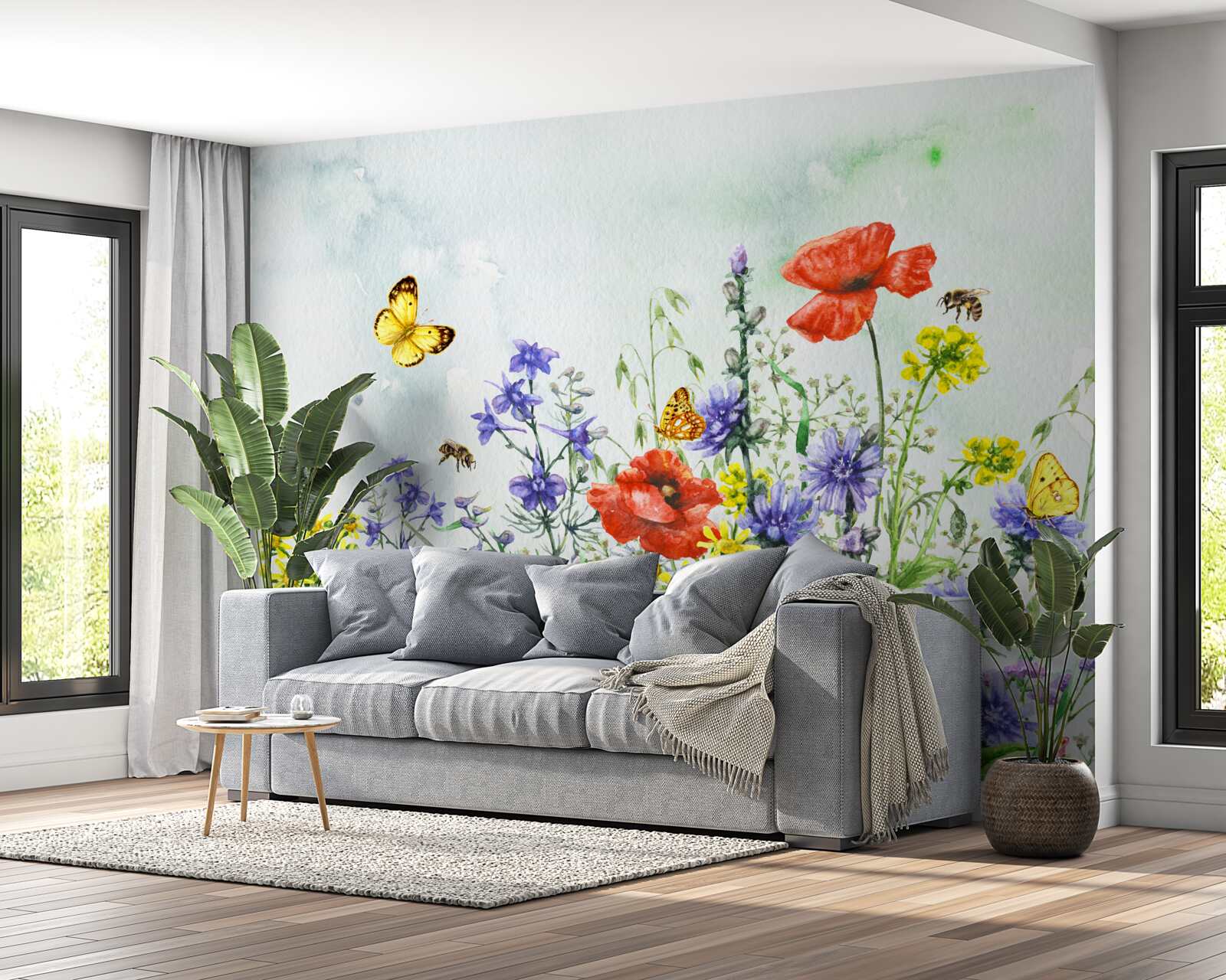 Фотошпалери Ефектні метелики та лугові квіти влітку