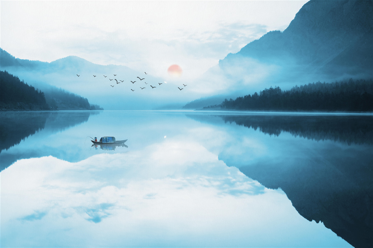 Фотошпалери на заході сонця рибалка перебуває в глибокій воді