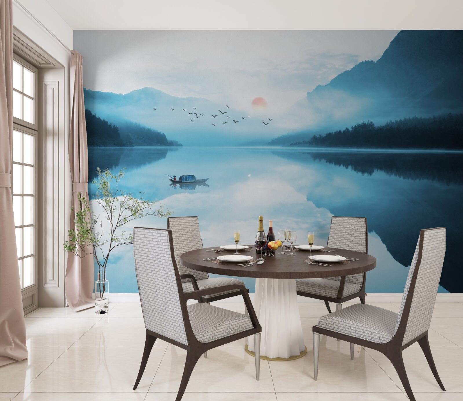 Фотошпалери на заході сонця рибалка перебуває в глибокій воді