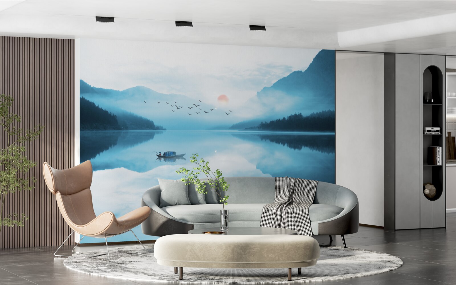 Фотошпалери на заході сонця рибалка перебуває в глибокій воді