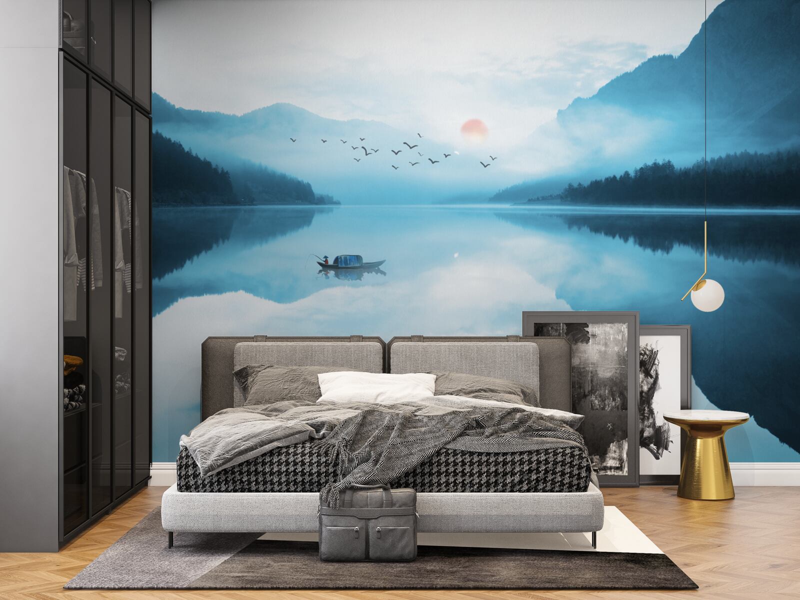 Фотошпалери на заході сонця рибалка перебуває в глибокій воді