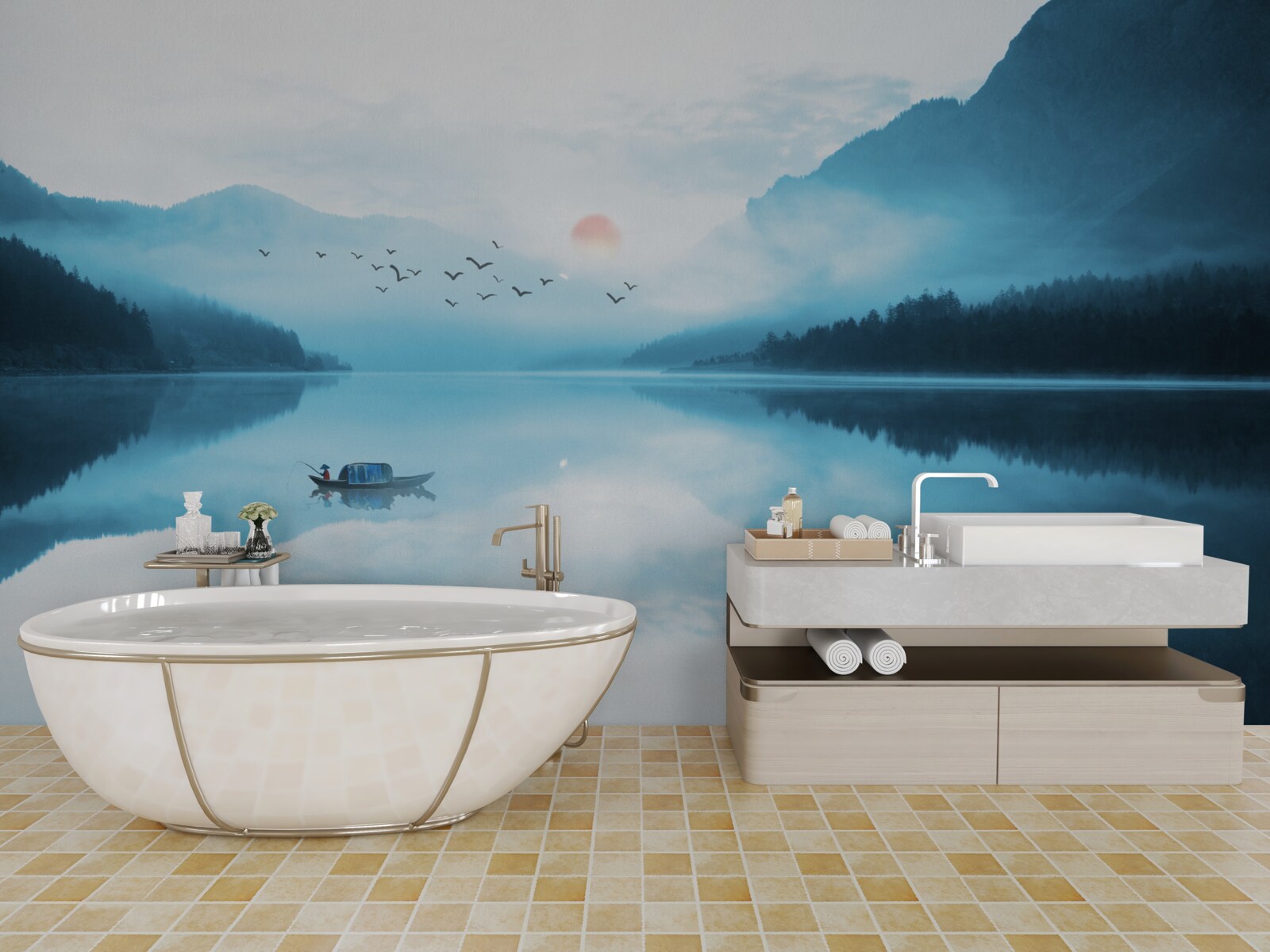 Фотошпалери на заході сонця рибалка перебуває в глибокій воді