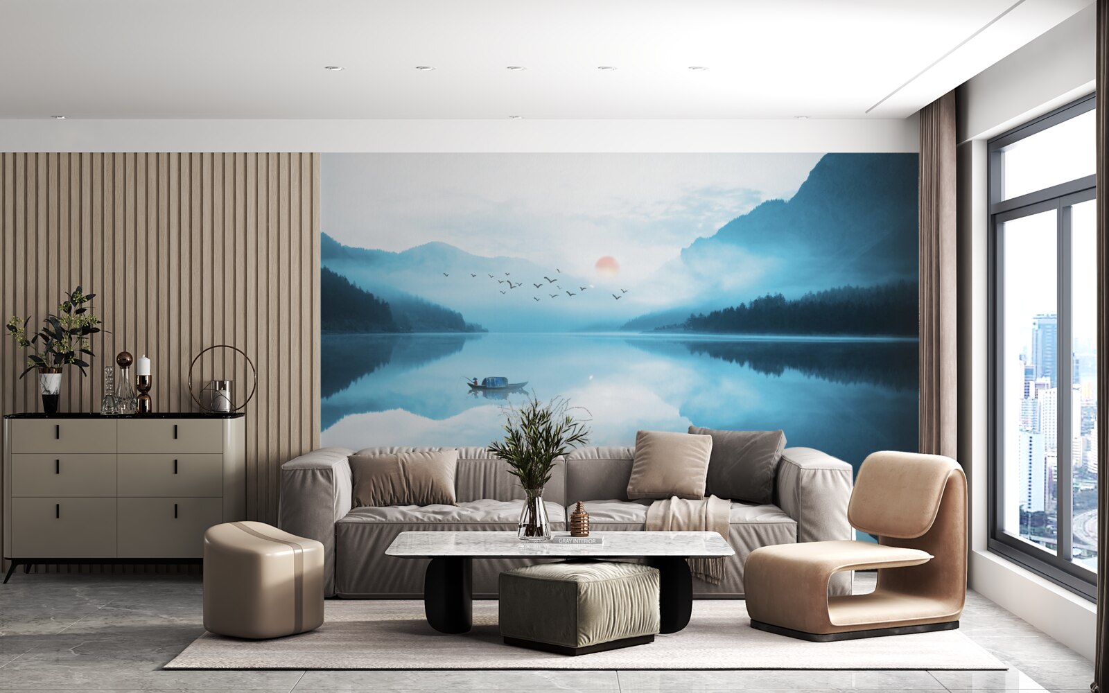 Фотошпалери на заході сонця рибалка перебуває в глибокій воді