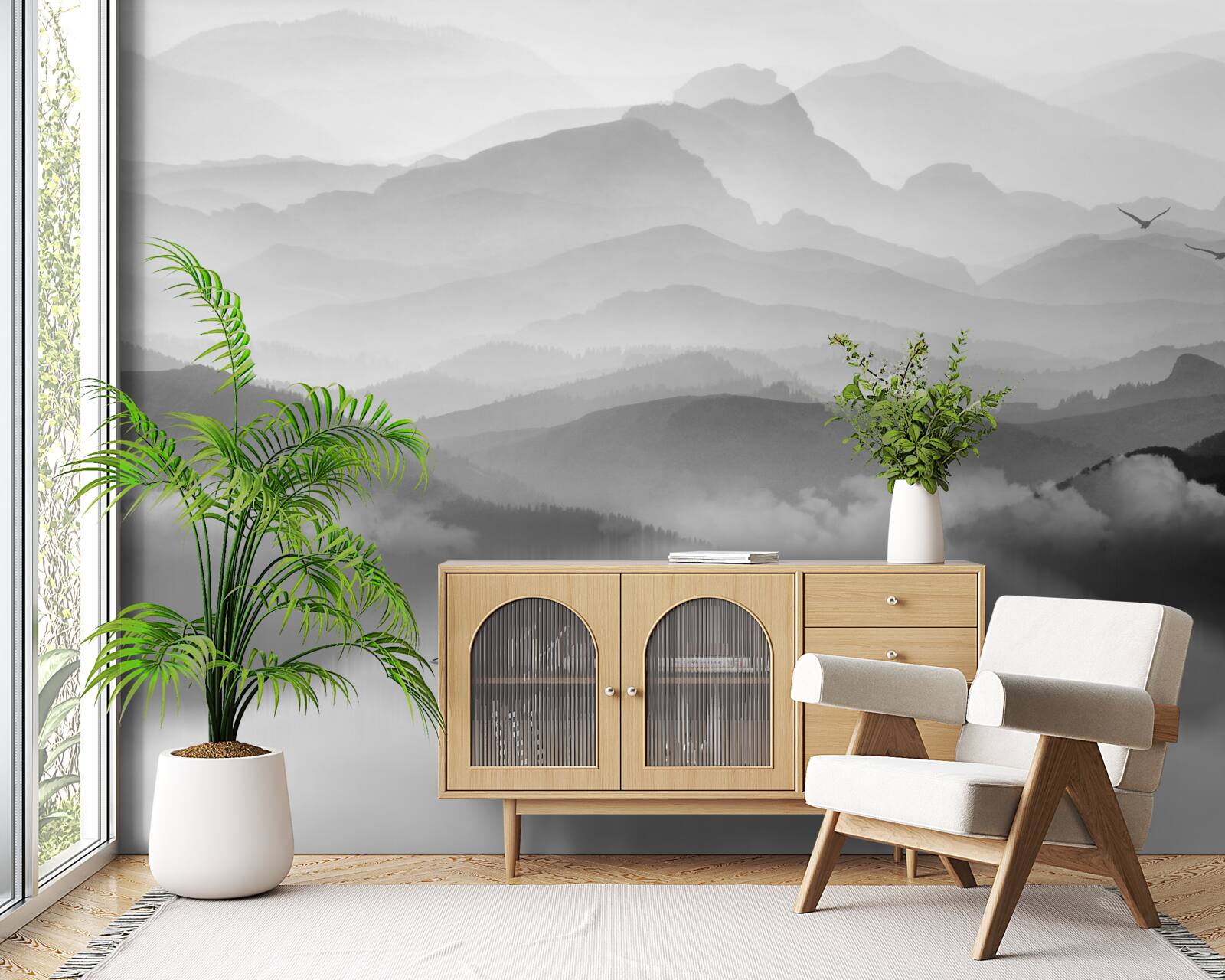 Фотошпалери рибалка повертається через туманне гірське озеро