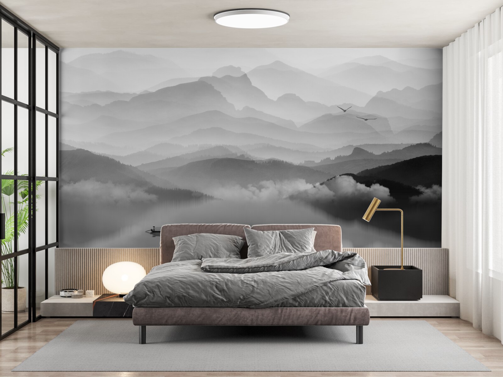 Фотошпалери рибалка повертається через туманне гірське озеро