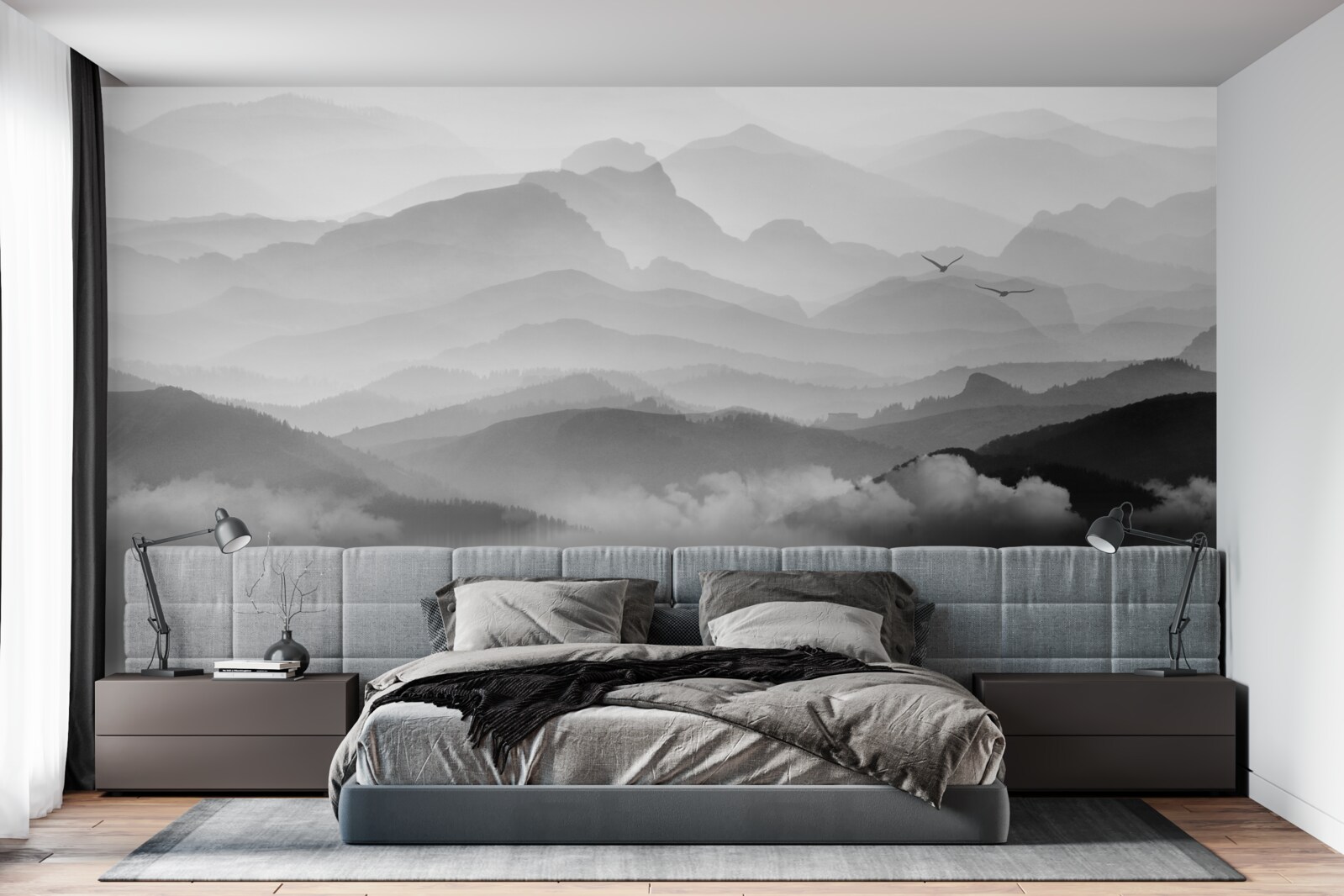 Фотошпалери рибалка повертається через туманне гірське озеро