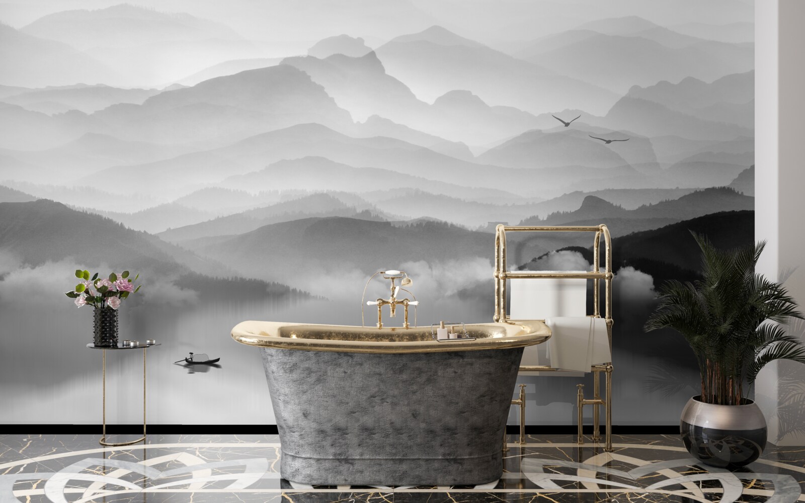 Фотошпалери рибалка повертається через туманне гірське озеро