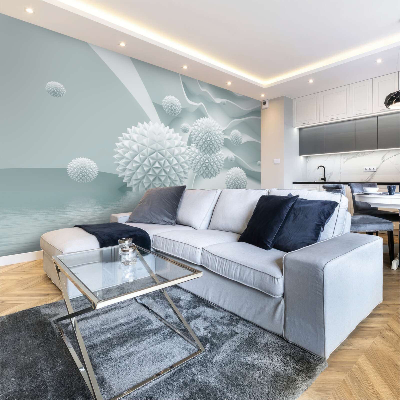 Фотошпалери кульки білі, гострі та плавають у стані невагомості