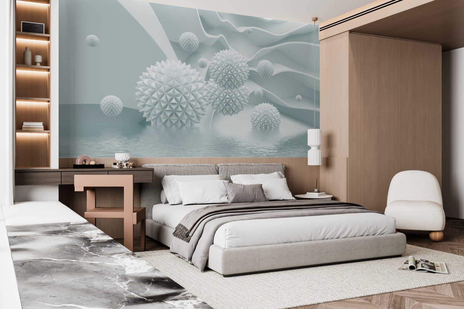 Фотошпалери кульки білі, гострі та плавають у стані невагомості