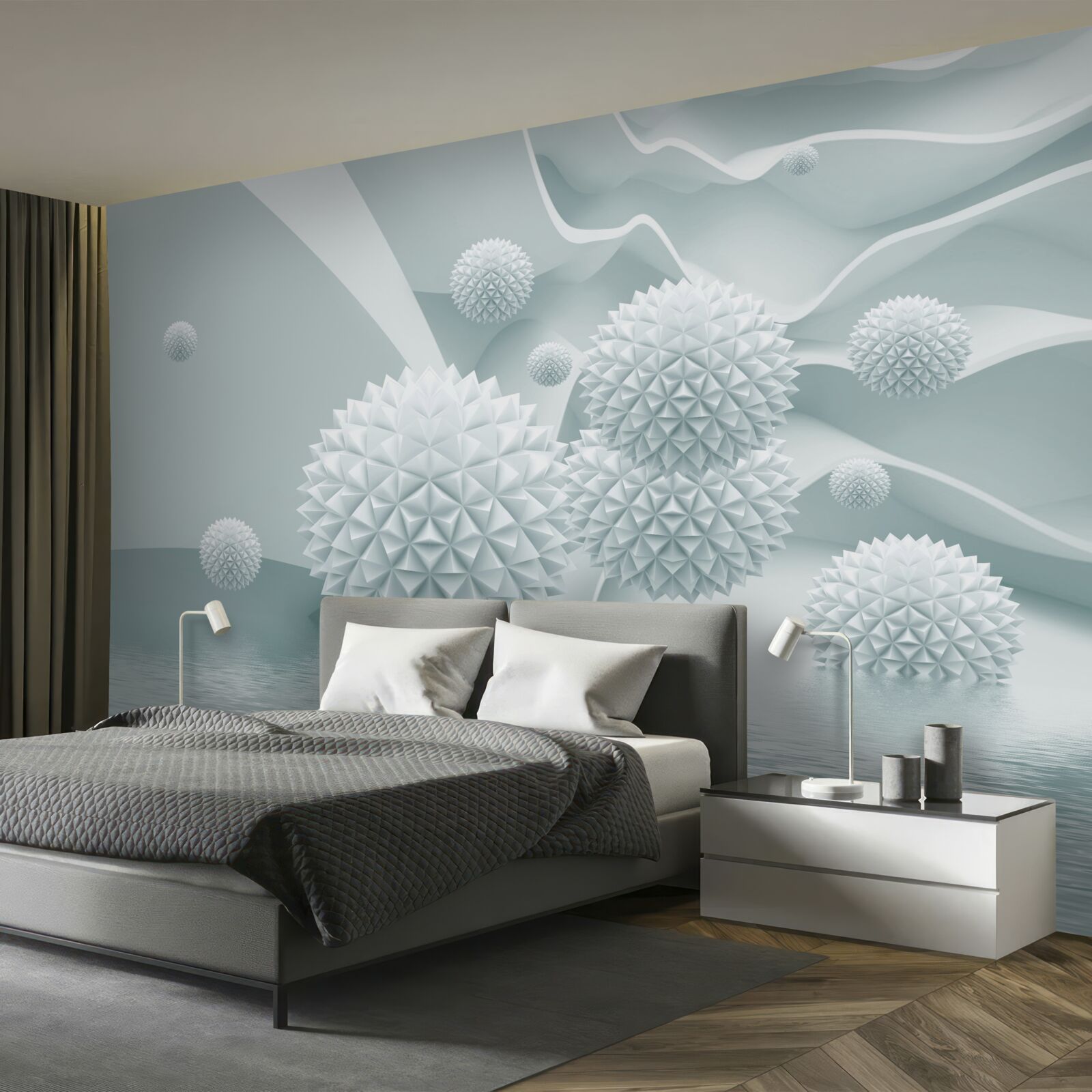 Фотошпалери кульки білі, гострі та плавають у стані невагомості