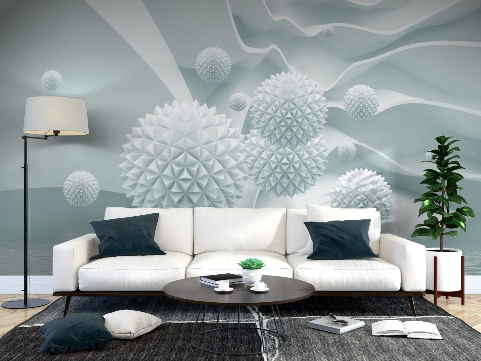 Фотошпалери кульки білі, гострі та плавають у стані невагомості