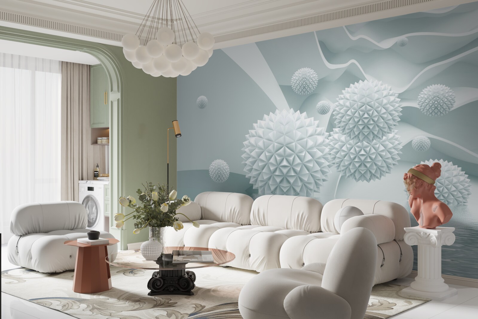 Фотошпалери кульки білі, гострі та плавають у стані невагомості