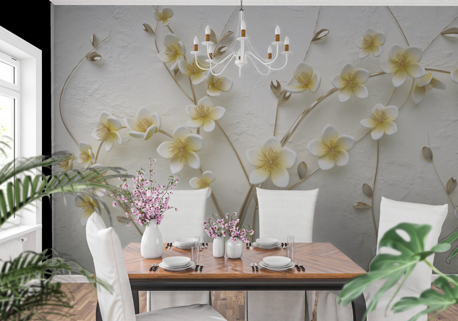 Фотошпалери білі гілки магнолії з жовтою серцевиною