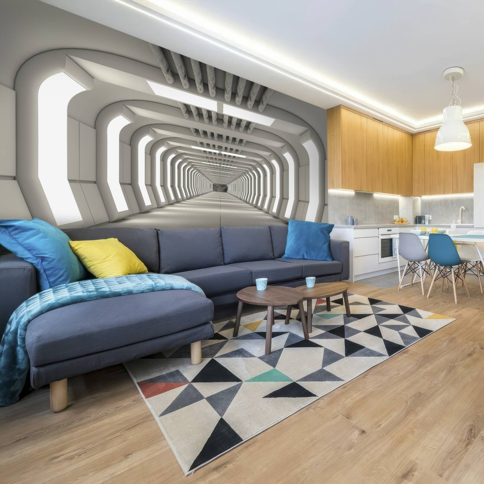 Фотошпалери освітлений коридор без кінця у стилі футуризму