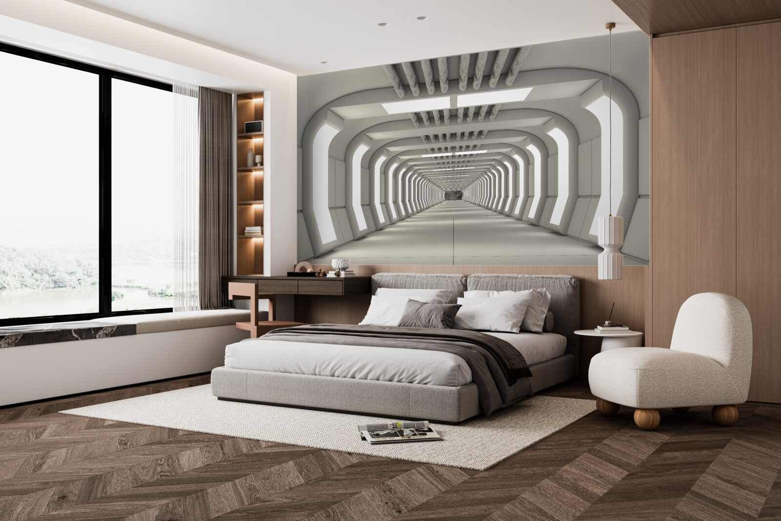 Фотошпалери освітлений коридор без кінця у стилі футуризму