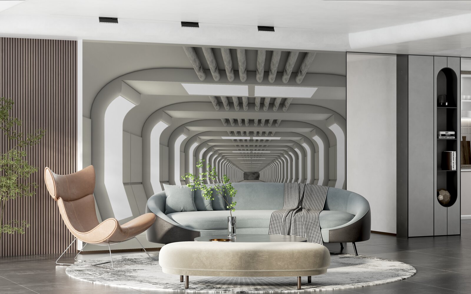 Фотошпалери освітлений коридор без кінця у стилі футуризму