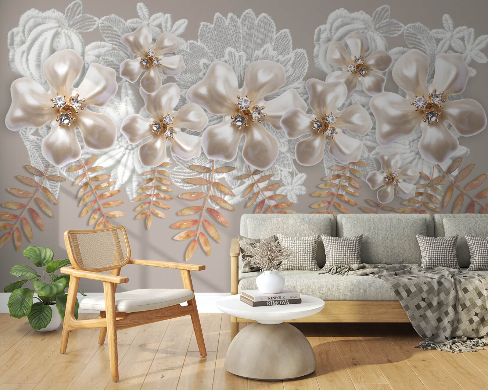 Фотошпалери білі бутони, що виблискують яскравою красою, на золотих гілках