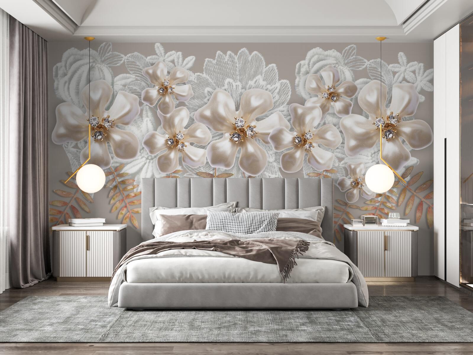 Фотошпалери білі бутони, що виблискують яскравою красою, на золотих гілках