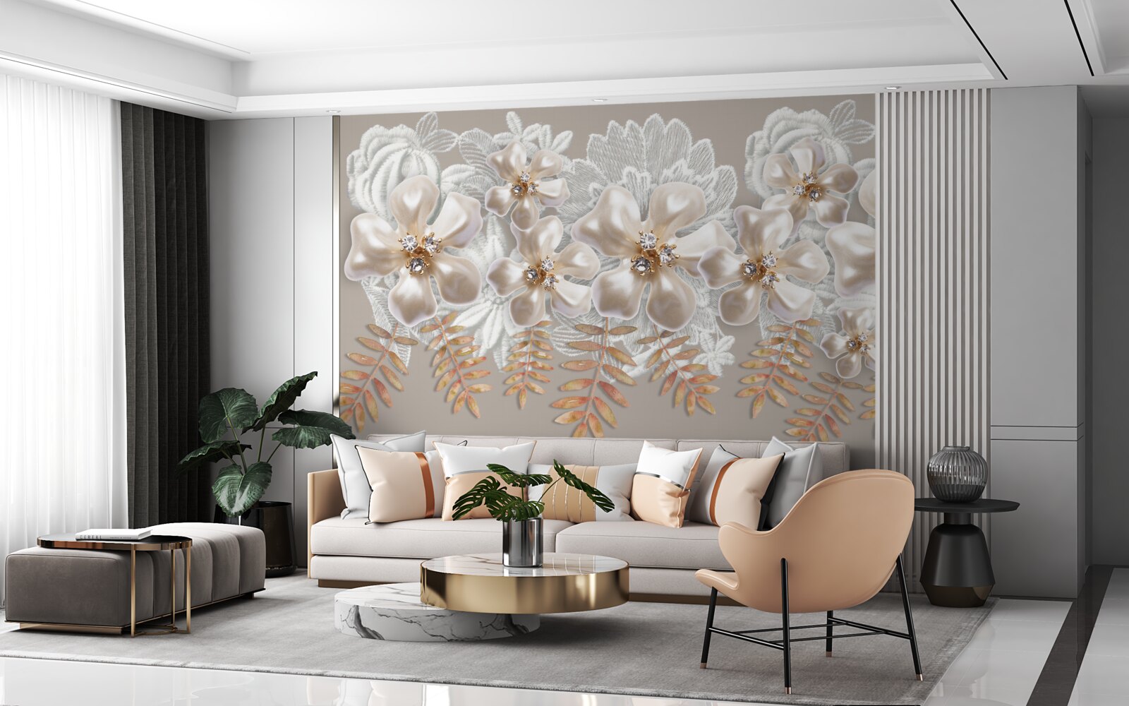 Фотошпалери білі бутони, що виблискують яскравою красою, на золотих гілках