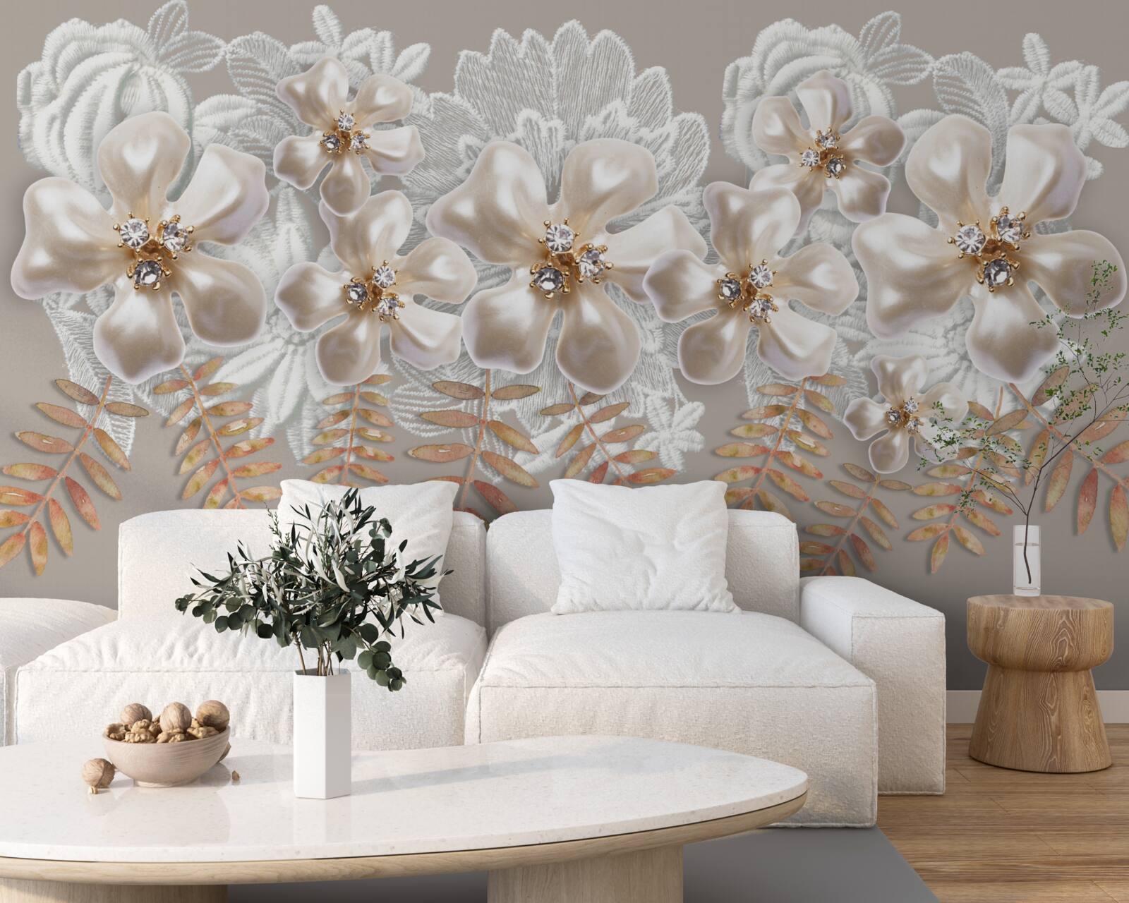 Фотошпалери білі бутони, що виблискують яскравою красою, на золотих гілках