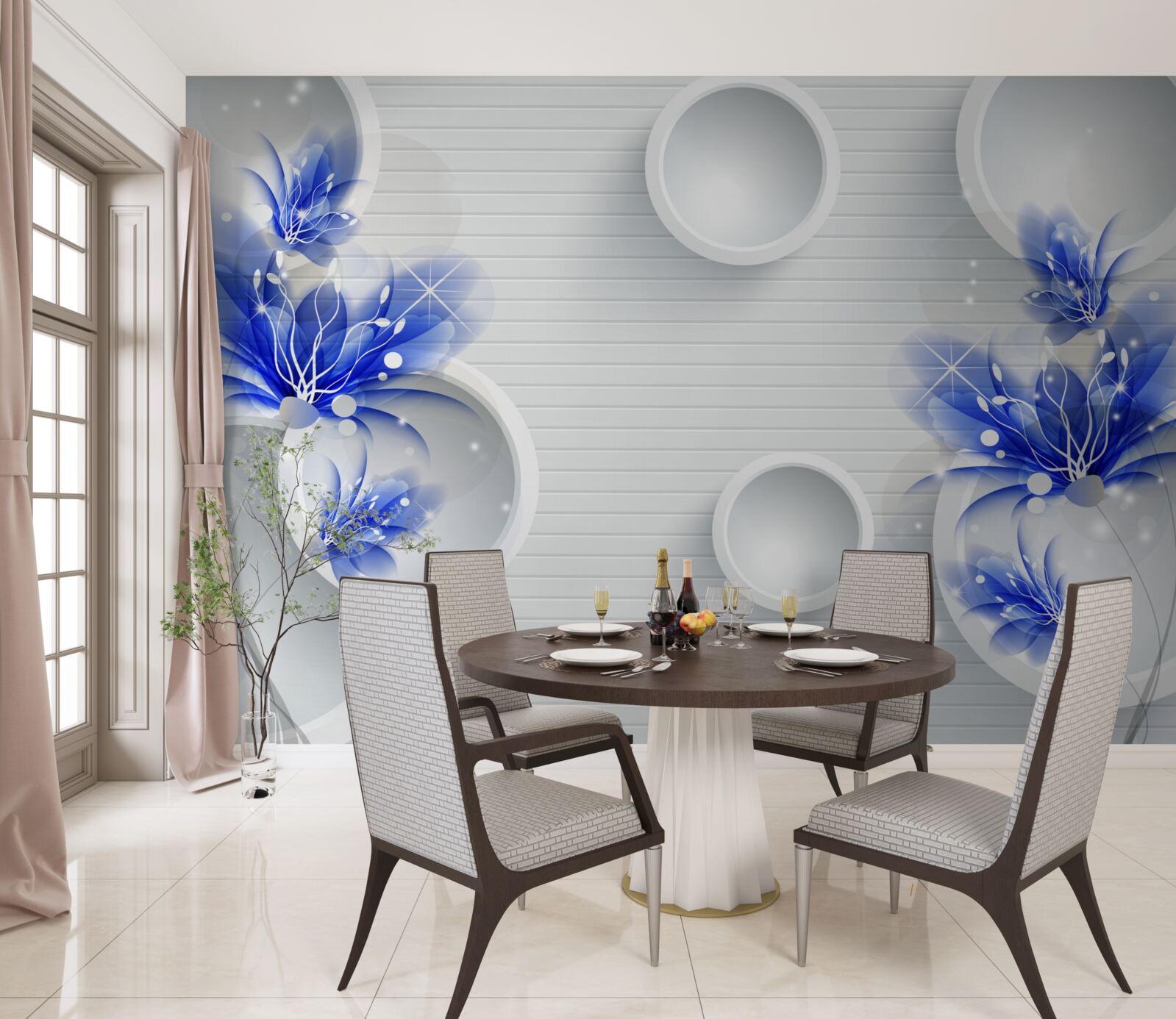 Фотошпалери сині бутони на абстрактному тлі з колами