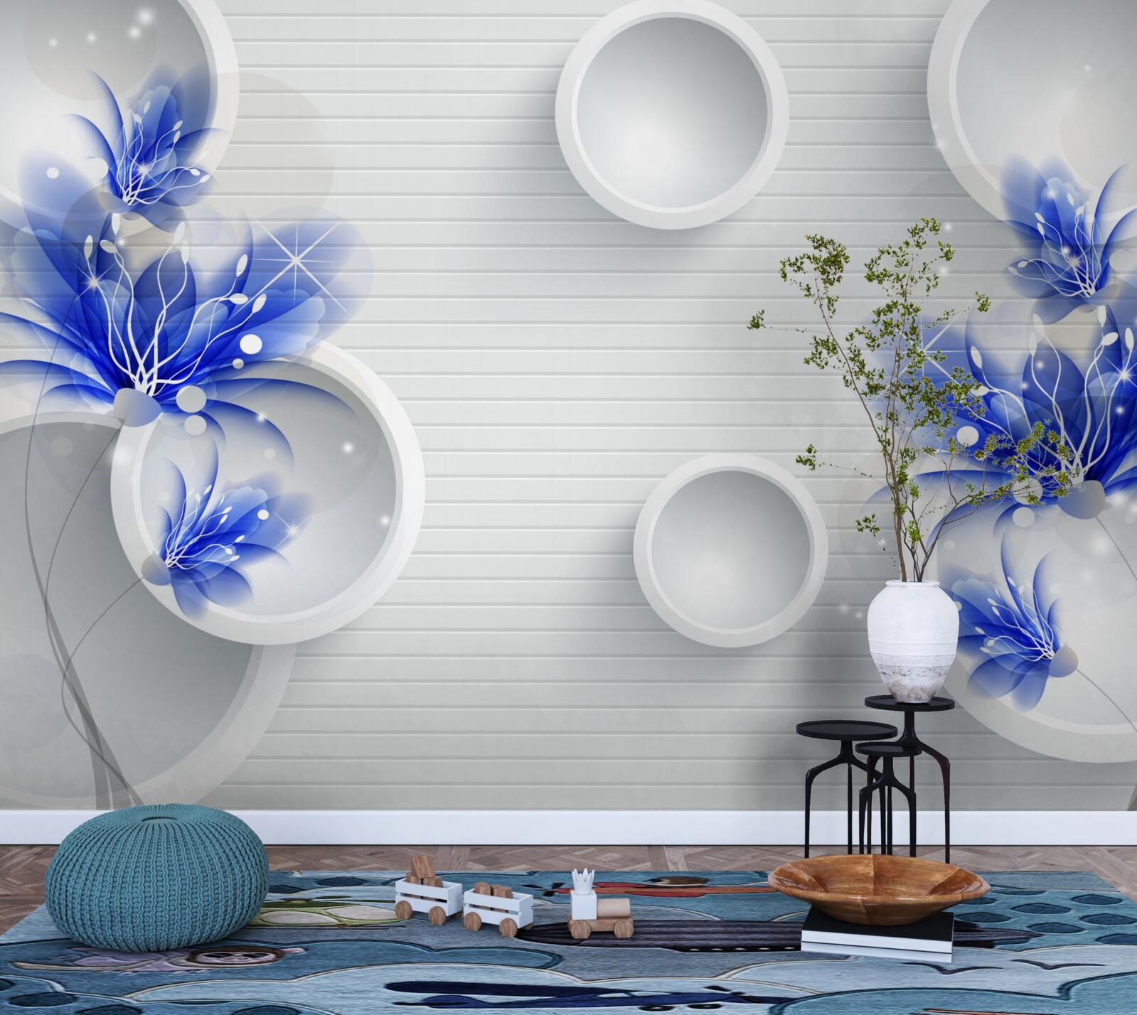 Фотошпалери сині бутони на абстрактному тлі з колами
