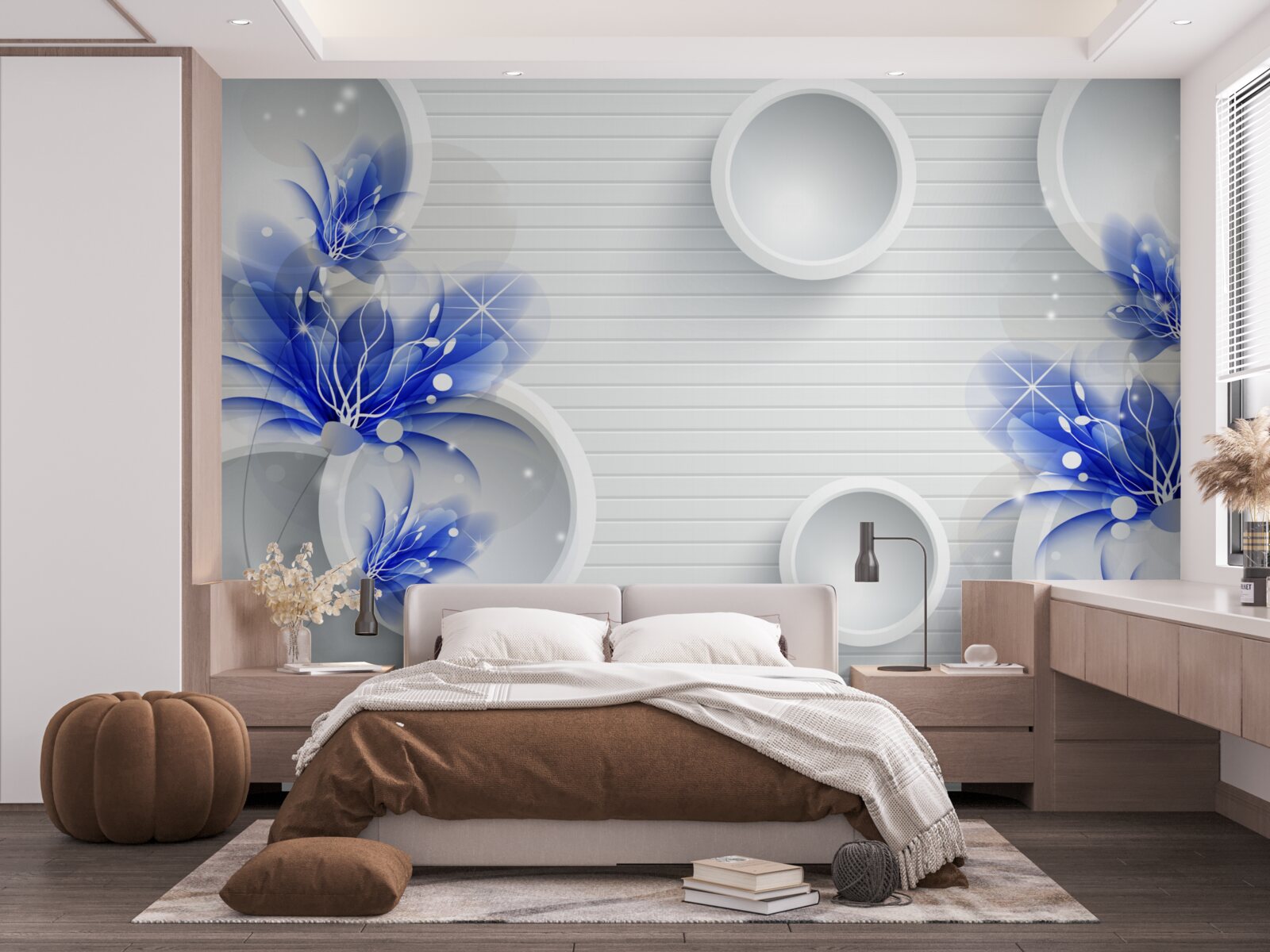 Фотошпалери сині бутони на абстрактному тлі з колами