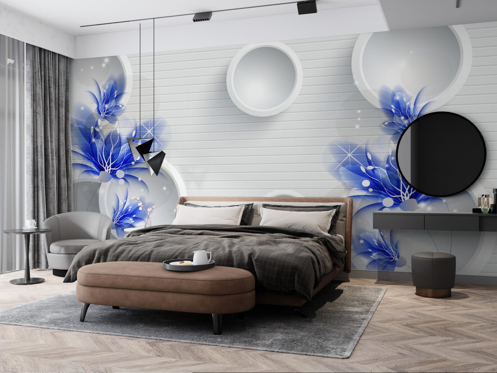 Фотошпалери сині бутони на абстрактному тлі з колами