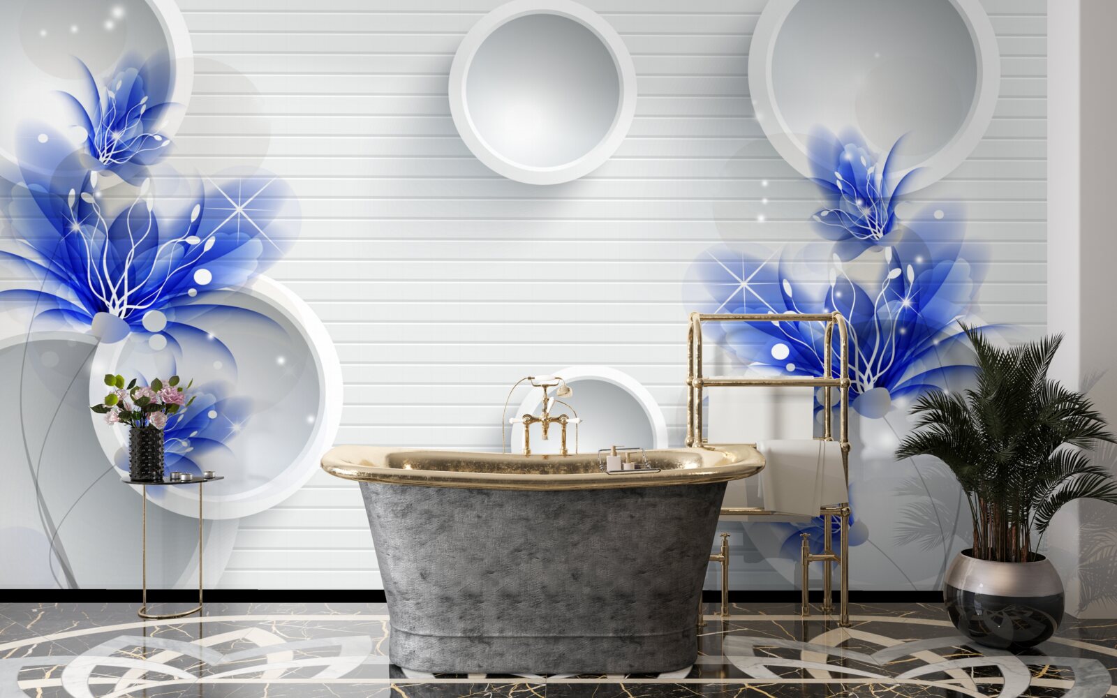 Фотошпалери сині бутони на абстрактному тлі з колами