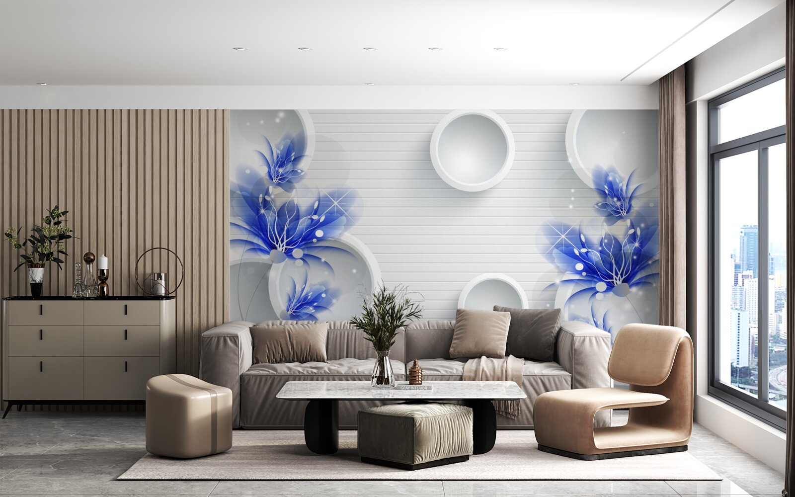 Фотошпалери сині бутони на абстрактному тлі з колами