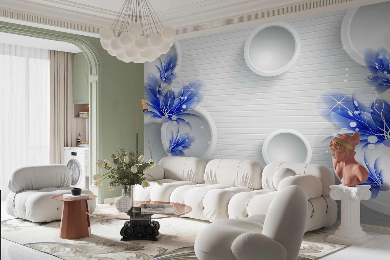 Фотошпалери сині бутони на абстрактному тлі з колами