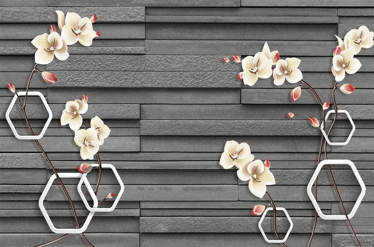 Фотошпалери стіна з чорного каменю, прикрашена білими квітами