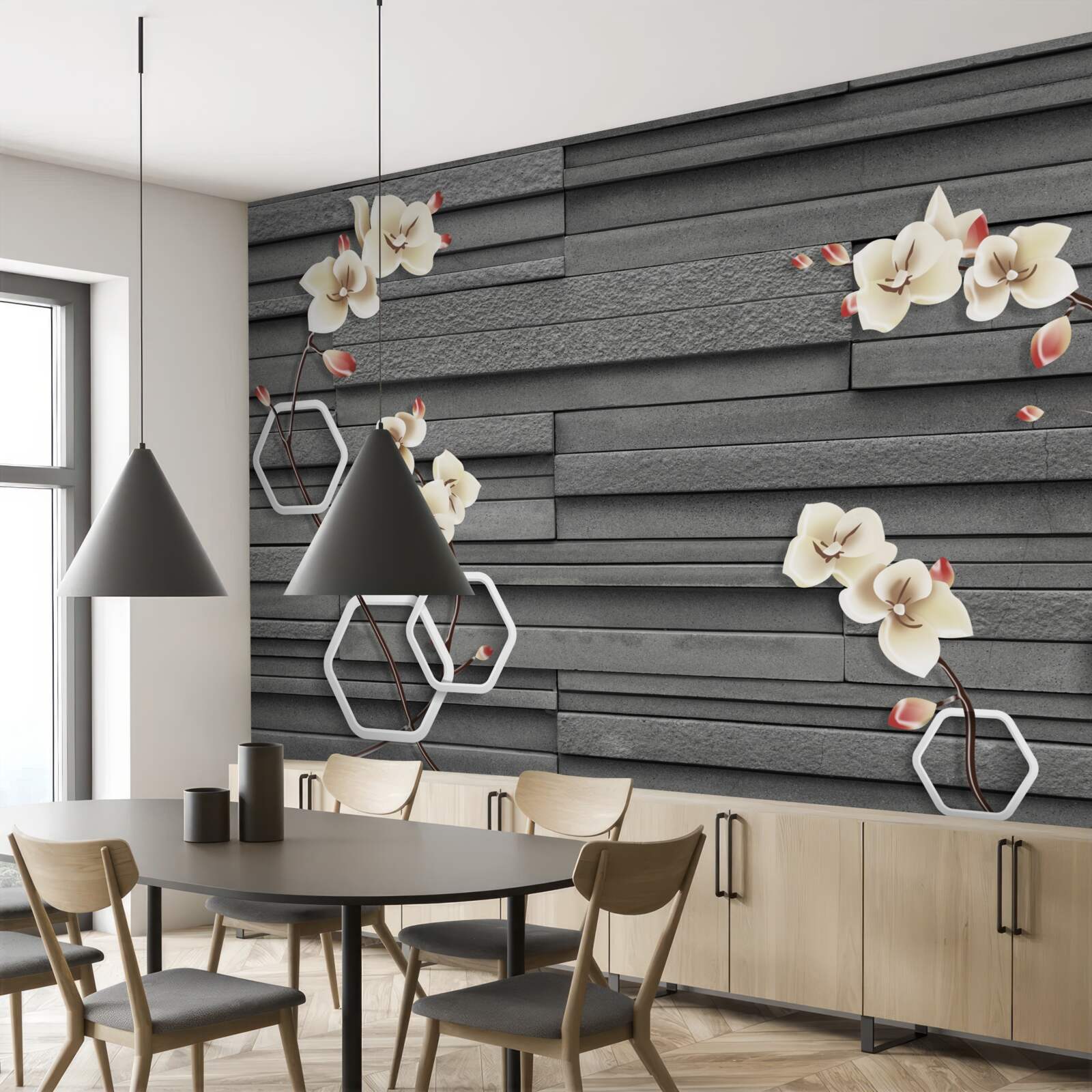 Фотошпалери стіна з чорного каменю, прикрашена білими квітами