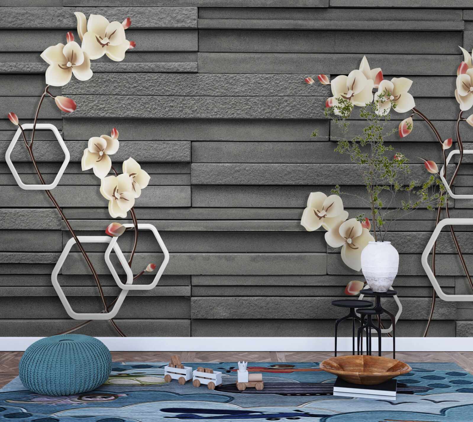 Фотошпалери стіна з чорного каменю, прикрашена білими квітами